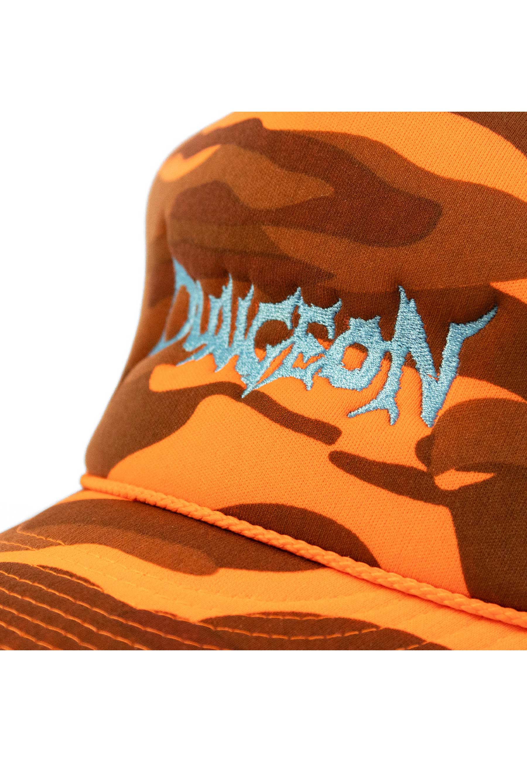 Dungeon Gateway 'Scrawl Logo' Foam Trucker Cap (Orange Camo / Electric Blue)