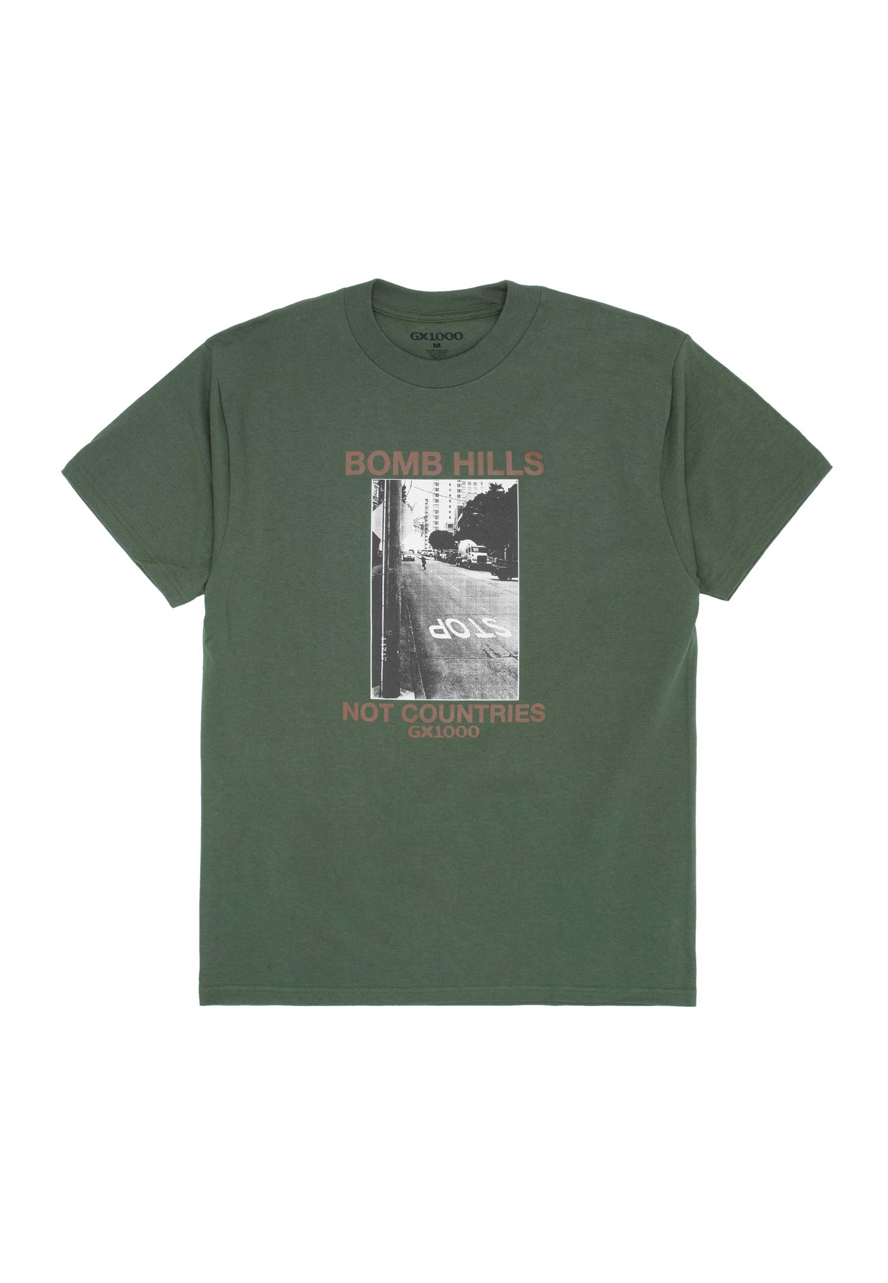 GX1000 'Bomb Hills Not Countries' T-Shirt (Desert Green / Brown Font)