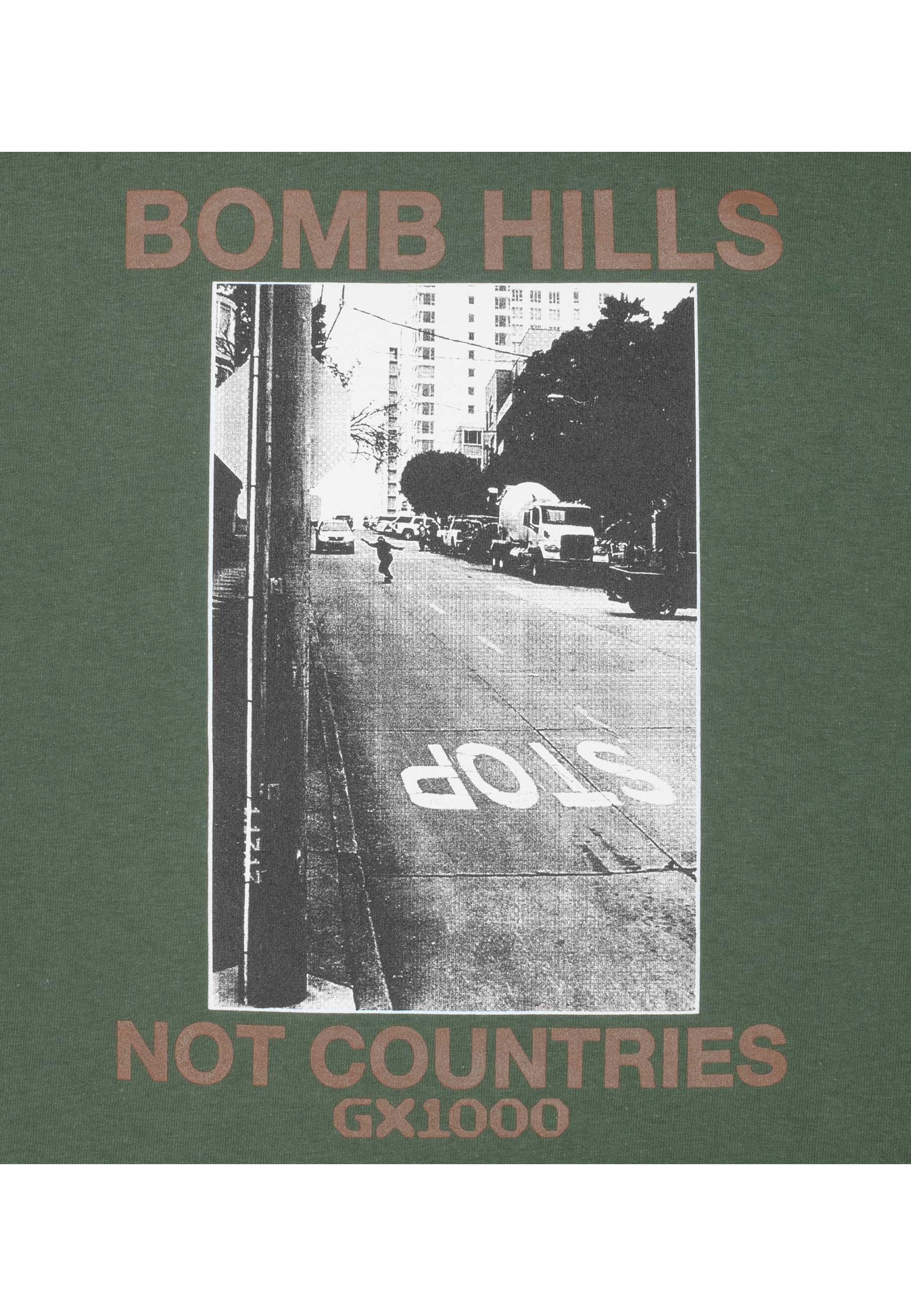 GX1000 'Bomb Hills Not Countries' T-Shirt (Desert Green / Brown Font)